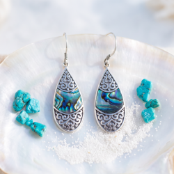 N�rbillede af de dr�beformede Teardrop Oval s�lv�reringe, der hviler smukt p� et stykke lyst og poleret perlemor. Smykkets sirlige s�lvm�nster fanger lyset skarpt. Omkring �reringene ligger en lille, elegant turkis krystal og lidt fint, hvidt strandsand for at understrege havtemaet i et bl�dt dagslys.