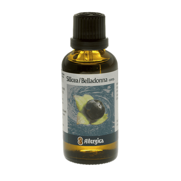 Allergica Silicea/Belladonna comp. 50 ml flaske med hvidt m�rkat og lysebl� detaljer. Dansk h�ndpotenseret hom�opati.