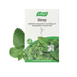 En hvid og gr�n �ske med A. Vogel Sleep kosttilskud (14 sticks), vist sammen med friske gr�nne blade fra citronmelisse p� en hvid baggrund.