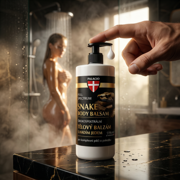N�rbillede af en h�nd, der pumper Palacio Snake Body Balsam lotion i et dampende badev�relse med en person i baggrunden.