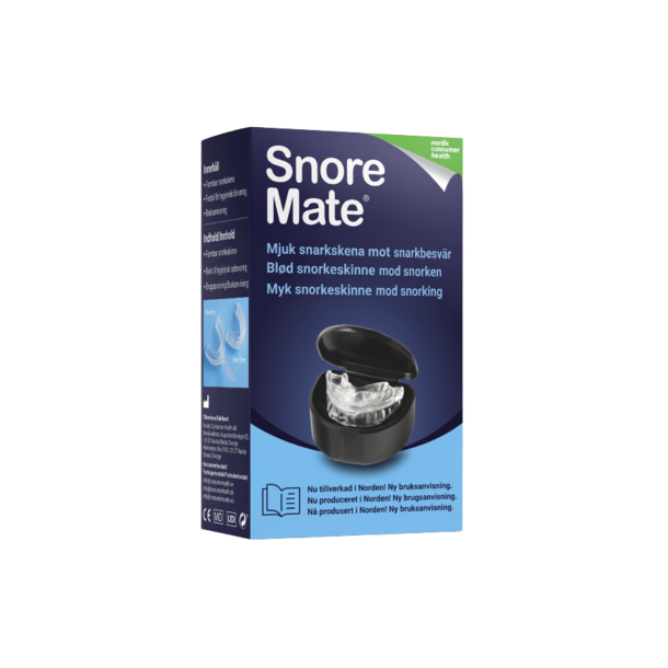 SnoreMate bl�d snorkeskinne i sort opbevarings�ske &ndash; Effektiv l�sning mod snorken fremstillet i klar termoplast pr�senteret hos Helseservice.