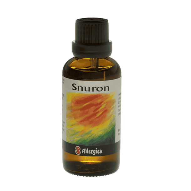Allergica Snuron 50 ml flaske med hvidt m�rkat og lysebl� detaljer. Dansk h�ndpotenseret hom�opati med l�g og echinacea.
