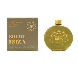 Sol de Ibiza Magic Sun Oil SPF15. Rund, olivengr�n og �stetisk flaske med gule solstr�ler.