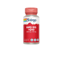 Solaray R�d ris og Q10 kosttilskud i hvid d�se med r�d etiket, der reklamerer for indholdet af 600 mg r�d g�r-ris og 30 mg Q10 i 60 veganske kapsler.