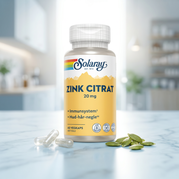 Solaray Zink Citrat d�se pr�senteret p� lyst bl�t marmor, ledsaget af vegetabilske kapsler og friske gr�nne gr�skarkerner i et eksklusivt apoteker-milj�.