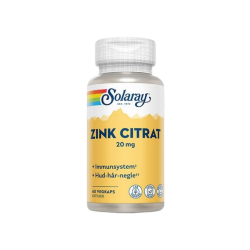 Solaray Zink Citrat 20 mg. Hvid d�se med bl�t og solgult design, der markerer et vegansk kosttilskud til st�tte for immunsystemet og hud, h�r og negle.