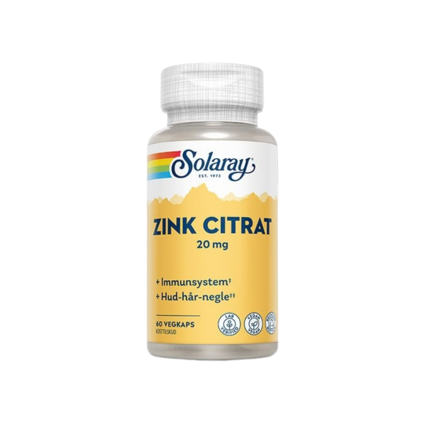 Solaray Zink Citrat 20 mg kapsler med gr�skarkerner.