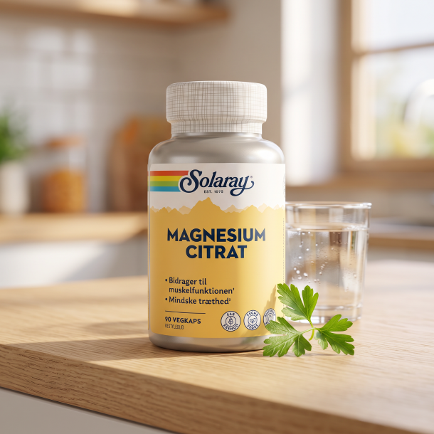 N�rbillede af Solaray Magnesium Citrat-d�sen st�ende elegant p� et lyst k�kkenbord af tr�, badet i friskt, varmt morgensollys.