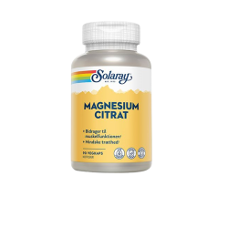 En hvid d�se med Solaray Magnesium Citrat 90 vegkapsler. Etiketten er gul og hvid med Solarays klassiske regnbuelogo i toppen.