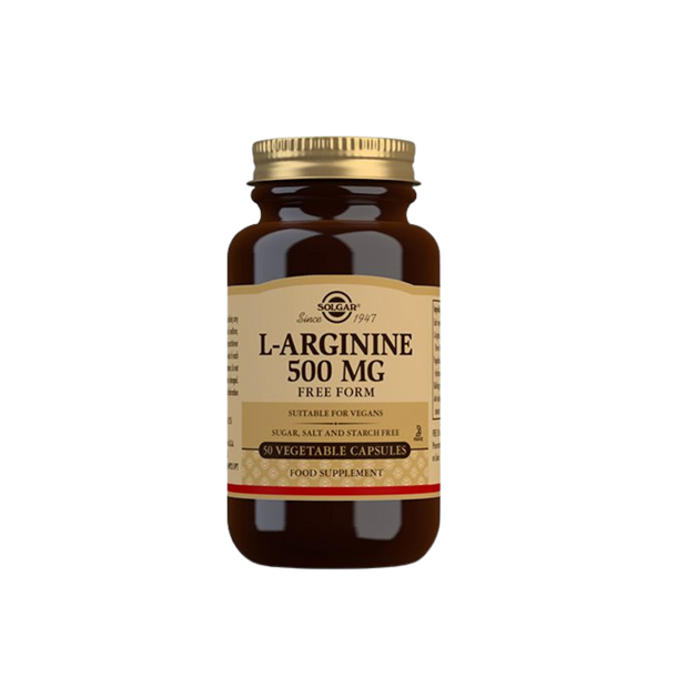 Solgar L-Arginin 500 mg vegetabilske kapsler i brun glasflaske.