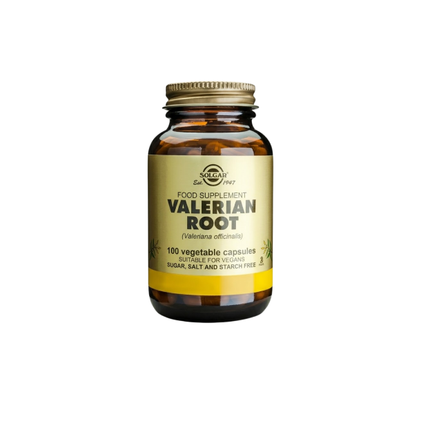 Solgar Baldrian Rod (Valerian Root) 100 kapsler &ndash; Ikonisk brun glasflaske med 300 mg r� baldrian rodpulver til naturlig urtepleje.