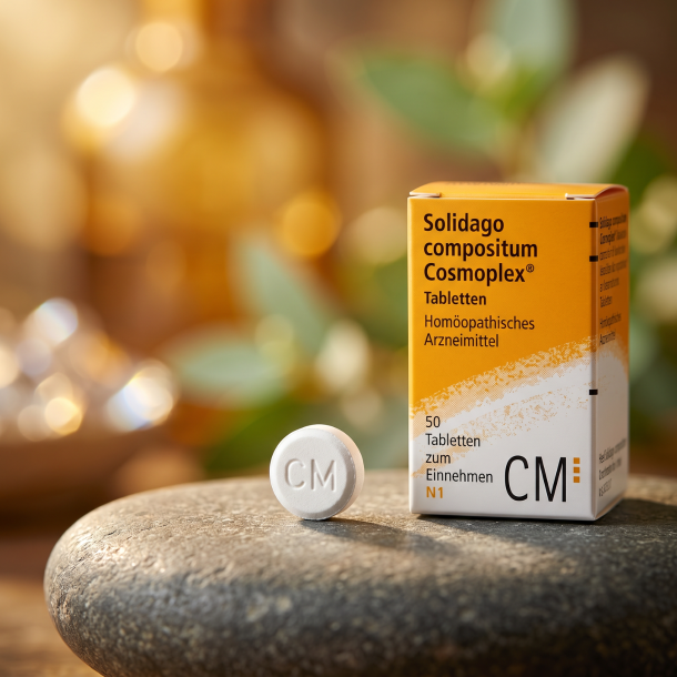 Et krystalklart makrobillede af en perfekt, struktureret og t�r hvid hom�opatisk tablet placeret sirligt p� en glat stenoverflade ved siden af den realistiske hvide og orange Solidago comp. �ske fra Heel (helt uden pipetter, dr�bet�llere eller v�ske). Den bl�dt sl�rede baggrund kombinerer varme, gyldne rav-nuancer (Gyldenris/Solidago reference), friske salviegr�nne toner og str�lende, krystallinske lysglimt, som diskret og elegant repr�senterer den tyske farmaceutiske pr�cision og synergien af de 8 stoft�tte signaturer. Lyset er varmt, luksuri�st og str�lende, hvilket fremh�ver total GMP-renhed uden at virke for sterilt. Knivskarpt fokus.
