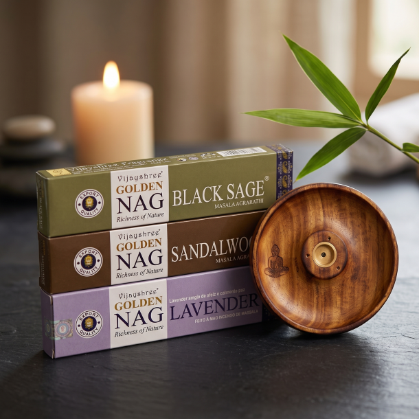 Luksuri�s Spa og Afslapning r�gelsespakke. Tre lukkede �sker med Golden Nag r�gelse og en h�ndsk�ret Buddha r�gelseholder opstillet i et roligt spa-milj�.
