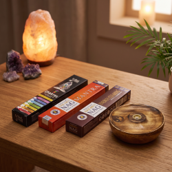 Den h�ndsk�rne Yin & Yang r�gelseholder i mangotr� omgivet af de tre spirituelle r�gelsesvarianter til meditation og energirensning.