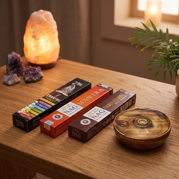 Den h�ndsk�rne Yin & Yang r�gelseholder i mangotr� omgivet af de tre spirituelle r�gelsesvarianter til meditation og energirensning.