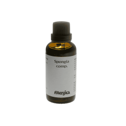 En klassisk m�rkebrun apoteker-glasflaske fra Allergica. Flasken indeholder 50 ml hom�opatiske Spongia comp. dr�ber og har en indbygget dr�bet�ller under l�get for nem dosering. Den hvide etiket b�rer Allergicas genkendelige logo.