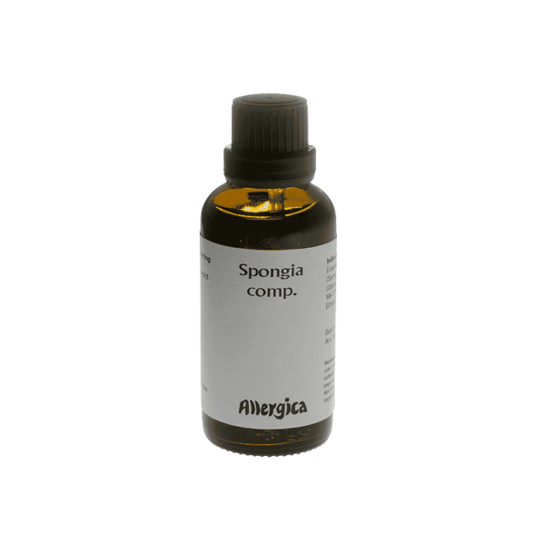 En klassisk m�rkebrun apoteker-glasflaske fra Allergica. Flasken indeholder 50 ml hom�opatiske Spongia comp. dr�ber og har en indbygget dr�bet�ller under l�get for nem dosering. Den hvide etiket b�rer Allergicas genkendelige logo.