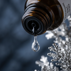 Et krystalklart makrobillede af en vanddr�be, der falder fra den indbyggede dr�bet�ller p� en 1:1 realistisk m�rk ravfarvet glasflaske. Den bl�dt sl�rede baggrund kombinerer dybe, strukturerede skiferbl� nuancer med lyse, krystallinske glimt af formende, metallisk s�lv (Stannum). Lyset er ekstremt klart, samlende, og udstr�ler absolut indre rytme, strukturel formkraft og hom�opatisk pr�cision.