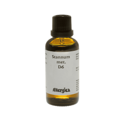 Allergica Stannum met. D6 50 ml flaske med hvidt m�rkat og bl�lige detaljer. Dansk h�ndpotenseret hom�opati (tin).