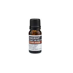 En lille m�rk ravfarvet glasflaske med sort skruel�g indeholdende 10 ml ren �terisk olie. Etiketten siger 'Ancient Wisdom, Star Anise, Illicium Verum, Origin China'.