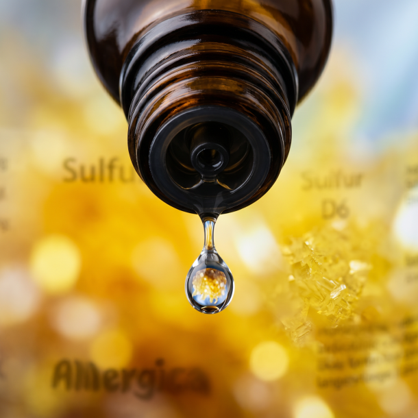 Et krystalklart makrobillede af en vanddr�be, der falder fra den indbyggede dr�bet�ller p� en 1:1 realistisk m�rk ravfarvet glasflaske. Den bl�dt sl�rede baggrund kombinerer intense, varme krystallinske svovl-gule og dybe gyldne nuancer (Sulfur) med friske, svalende glimt af lys. Lyset er ekstremt klart, udrensende, og udstr�ler absolut indre ventilation, dynamisk kropsligt flow og hom�opatisk pr�cision.