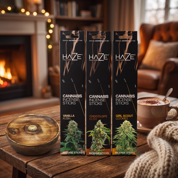 Sweet Cravings r�gelsespakke. Tre lukkede �sker med HAZE Vanilla, Chocolope Kush og Girl Scout Cookies samt en Yin Yang tr�holder.