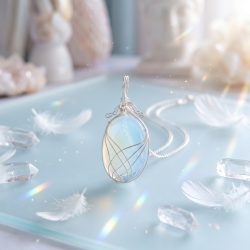 Den dr�mmende, lysende opalit-halsk�de sv�bt i s�lvtr�d, elegant pr�senteret p� isbl�t glas ledsaget af bl�de hvide fjer og bjergkrystal.