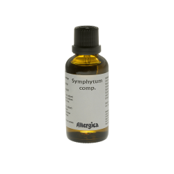 Allergica Symphytum comp. 50 ml flaske med hvidt m�rkat og lilla-gr�nne detaljer. Dansk h�ndpotenseret hom�opati.