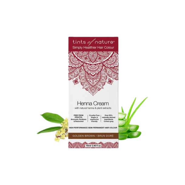 Tints of Nature Henna Cream Golden Brown. Hvid �ske med bordeauxr�dt mandala-m�nster, flankeret af friske aloe vera blade, der symboliserer en naturlig og PPD-fri h�rfarvning.