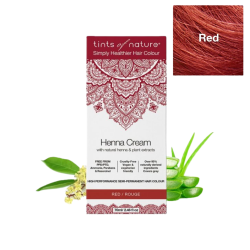 Tints of Nature Henna Cream Red 70 ml. Hvid emballage med et dybr�dt mandala-m�nster, flankeret af friske aloe vera blade og kamille.