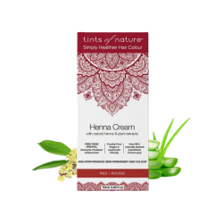 Tints of Nature Henna Cream Red 70 ml. Hvid emballage med et dybr�dt mandala-m�nster, flankeret af friske aloe vera blade og kamille.