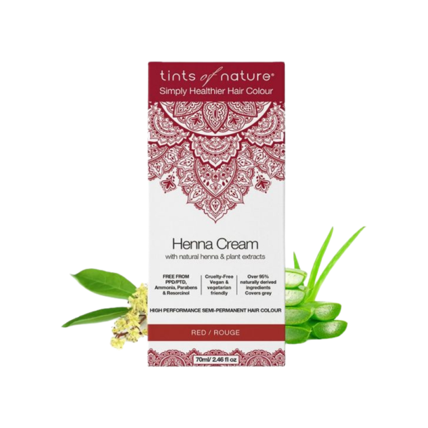 Tints of Nature Henna Cream Red 70 ml. Hvid emballage med et dybr�dt mandala-m�nster, flankeret af friske aloe vera blade og kamille.