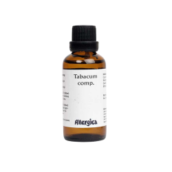 Allergica Tabacum comp. 50 ml flaske med hvidt m�rkat og lysebl� detaljer. Dansk h�ndpotenseret hom�opati.