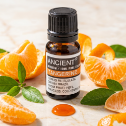 Et n�rbillede af en m�rk glasflaske med �terisk olie. Omkring flasken ligger der friske, saftige brasilianske tangeriner, afsk�rne orange skaller og sm� gr�nne blade badet i sollys p� en lys overflade.