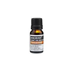 En lille m�rk ravfarvet glasflaske med sort skruel�g indeholdende 10 ml ren �terisk tangerin olie. Etiketten siger 'Ancient Wisdom, Tangerine, Citrus Reticulata, Origin Brazil'.