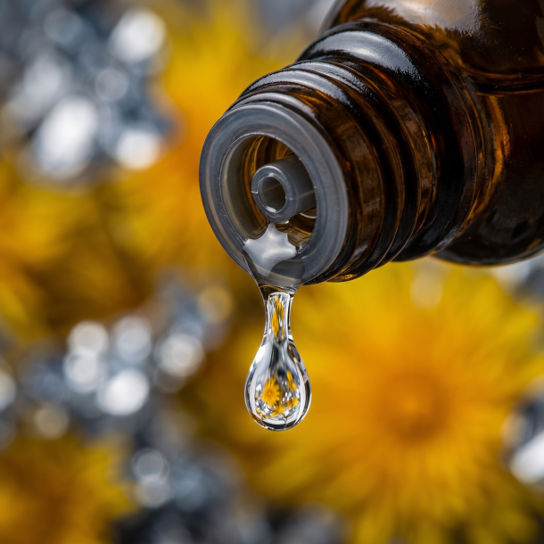 Et krystalklart makrobillede af en vanddr�be, der falder fra den indbyggede dr�bet�ller p� en 1:1 realistisk m�rk ravfarvet glasflaske. Den bl�dt sl�rede baggrund kombinerer dybe, varme m�lkeb�tte-gule nuancer (Taraxacum) med formende, krystallinske glimt af k�ligt metallisk s�lv og skifer (Stannum). Lyset er ekstremt klart, dynamisk, og udstr�ler absolut forl�sning af stagnation, rytmisk flow og hom�opatisk pr�cision.