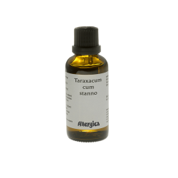 Allergica Taraxacum cum stanno 50 ml flaske med hvidt m�rkat og lysebl� detaljer. Dansk h�ndpotenseret hom�opati med m�lkeb�tte og tin.