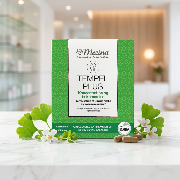 Mezina Tempel Plus �ske pr�senteret p� hvidt marmor omgivet af friske Ginkgo Biloba blade og Bacopa blomster.