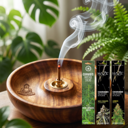 Makrobillede af en ulmende r�gelsespind i Buddha mangotr�sholderen foran en frodig, gr�n plante.