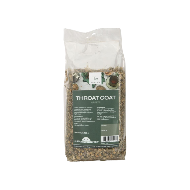 Natur-Drogeriet Throat Coat te 150 g i gennemsigtig pose med synlige t�rrede urter, timian og elmebark pr�senteret hos Helseservice.