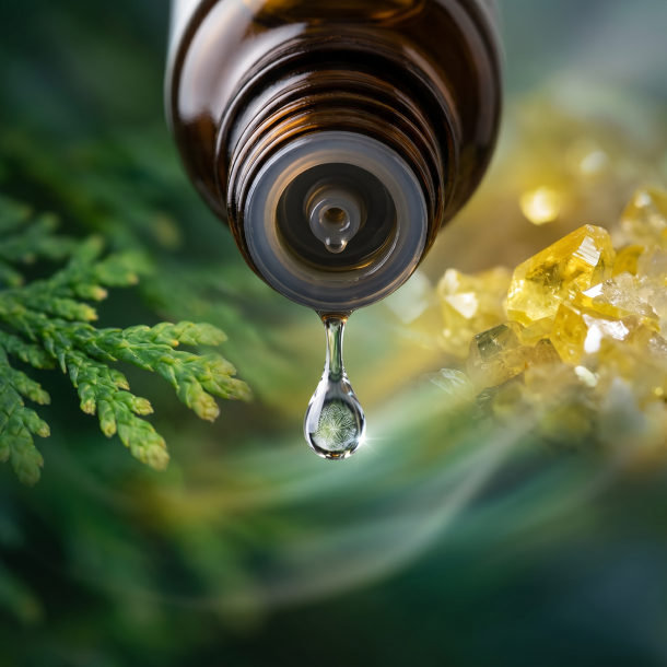 Et krystalklart makrobillede af en vanddr�be, der falder fra den indbyggede dr�bet�ller p� en m�rk ravfarvet glasflaske. Den bl�dt sl�rede baggrund kombinerer dybe, sunde skovgr�nne nuancer (Thuja) med lyse, krystallinske gyldne glimt (Sulfur). Lyset er ekstremt klart, udrensende og strukturerende, og udstr�ler absolut harmoni i kroppens gr�nser og hom�opatisk pr�cision.
