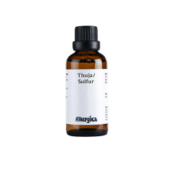 Allergica Thuja/Sulfur 50 ml flaske med hvidt m�rkat og lysebl� detaljer. Dansk h�ndpotenseret hom�opati med Thuja og Sulfur.