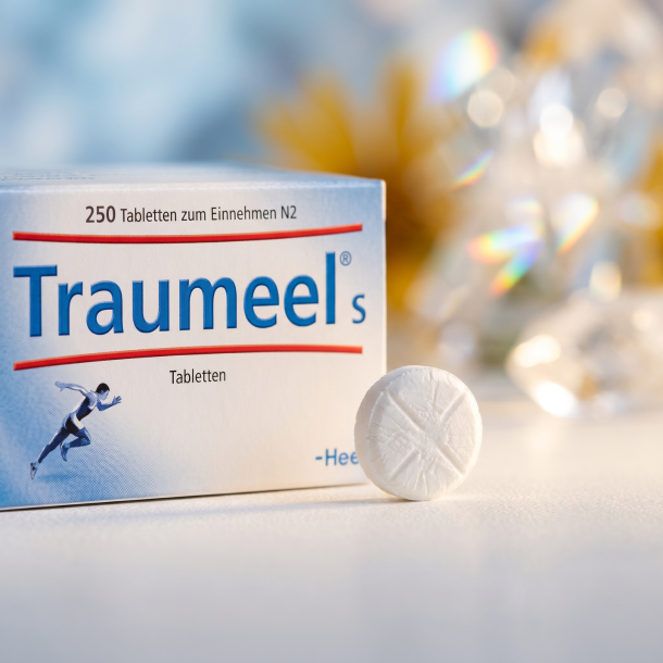 Et krystalklart makrobillede af en perfekt, struktureret og t�r hvid hom�opatisk tablet placeret sirligt p� en ren overflade ved siden af den realistiske Traumeel S emballage fra Heel (helt uden pipetter, dr�bet�llere eller v�ske). Den bl�dt sl�rede baggrund kombinerer varme, bl�de lysebl� nuancer, gyldne arnica-toner og str�lende, krystallinske mineralske lysglimt, som diskret og elegant repr�senterer den tyske farmaceutiske pr�cision og synergien af de 14 stoft�tte signaturer. Lyset er varmt, bl�dt og indbydende, hvilket fremh�ver total GMP-renhed uden at virke for sterilt. Knivskarpt fokus.