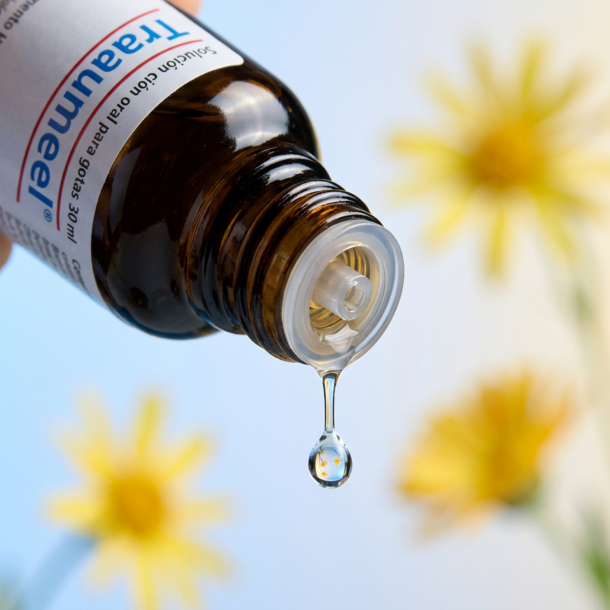 Et krystalklart makrobillede af en vanddr�be, der falder fra den indbyggede dr�bet�ller p� en 1:1 realistisk m�rk ravfarvet glasflaske. Den bl�dt sl�rede baggrund kombinerer friske, lysebl� nuancer med blide, botaniske gule glimt (Arnica montana/Morgenfrue). Lyset er ekstremt klart, genopbyggende, og udstr�ler absolut forl�sning af fysisk overbelastning, restitution og hom�opatisk pr�cision.