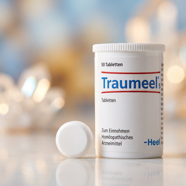 Et krystalklart makrobillede af en perfekt, struktureret og t�r hvid hom�opatisk tablet placeret sirligt p� en ren, klinisk overflade ved siden af den realistiske hvide pilled�se fra Heel (helt uden pipetter, dr�bet�llere eller v�ske). Den bl�dt sl�rede baggrund kombinerer varme, bl�de lysebl� nuancer, gyldne arnica-toner og str�lende, krystallinske mineralske lysglimt, som diskret og elegant repr�senterer den tyske farmaceutiske pr�cision og synergien af de 14 stoft�tte signaturer. Lyset er varmt, bl�dt og indbydende, hvilket fremh�ver total GMP-renhed uden at virke for sterilt. Knivskarpt fokus.