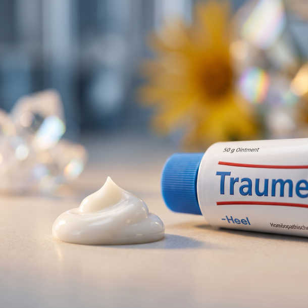 Et krystalklart makrobillede af en perfekt, struktureret klat af tyk, hvid hydrofil salve placeret sirligt p� en ren, klinisk overflade ved siden af den realistiske hvide og bl� 50 grams Traumeel-tube (helt uden dr�ber, pipetter eller flydende v�ske). Den bl�dt sl�rede baggrund kombinerer dybe, kolde st�lbl� nuancer, varme gyldne arnica-toner og str�lende, krystallinske mineralske lysglimt, som diskret og elegant repr�senterer den tyske farmaceutiske pr�cision og synergien af de 14 stoft�tte modertinkturer. Lyset er varmt, bl�dt og indbydende, hvilket fremh�ver total GMP-renhed uden at virke for sterilt. Knivskarpt fokus.