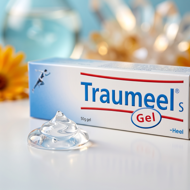 Et krystalklart makrobillede af en perfekt, struktureret klat af krystalklar, k�lende vandbaseret gel placeret sirligt p� en ren, lys overflade ved siden af den realistiske 50 g Traumeel S Gel �ske fra Heel (helt uden dr�ber, pipetter eller flydende vand). Den bl�dt sl�rede baggrund kombinerer rene, lyse akvatiske bl� nuancer, varme gyldne morgenfrue-toner og str�lende, krystallinske mineralske lysglimt, som diskret og elegant repr�senterer den tyske, farmaceutiske pr�cision og synergien af de 14 stoft�tte modertinkturer indkapslet i gel-matrixen. Lyset er varmt, bl�dt og indbydende, hvilket fremh�ver total renhed uden at virke sterilt. Knivskarpt fokus.