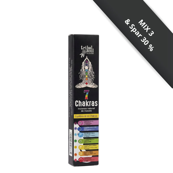 Den smukke sorte �ske til Tribal Soul 7 Chakras r�gelse med en illustration af en mediterende person og de syv farvede chakraer.