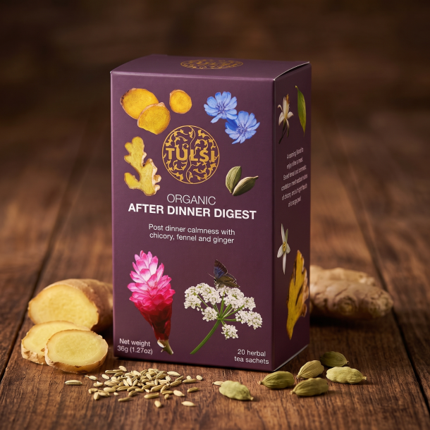 N�rbillede af den elegante, dybe lilla Tulsi te�ske st�ende skarpt p� et r�t, m�rkt tr�bord, dekorativt omkranset af sm� stykker frisk ingef�r og hele kardemommekapsler i et bl�dt aftenlys.