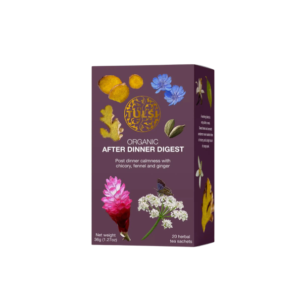 Tulsi Organic After Dinner Digest Te. M�rk lilla �ske dekoreret med gyldent logo og smukke illustrationer af gul ingef�rrod, en bl� cikorierod blomst og gr�n kardemomme.